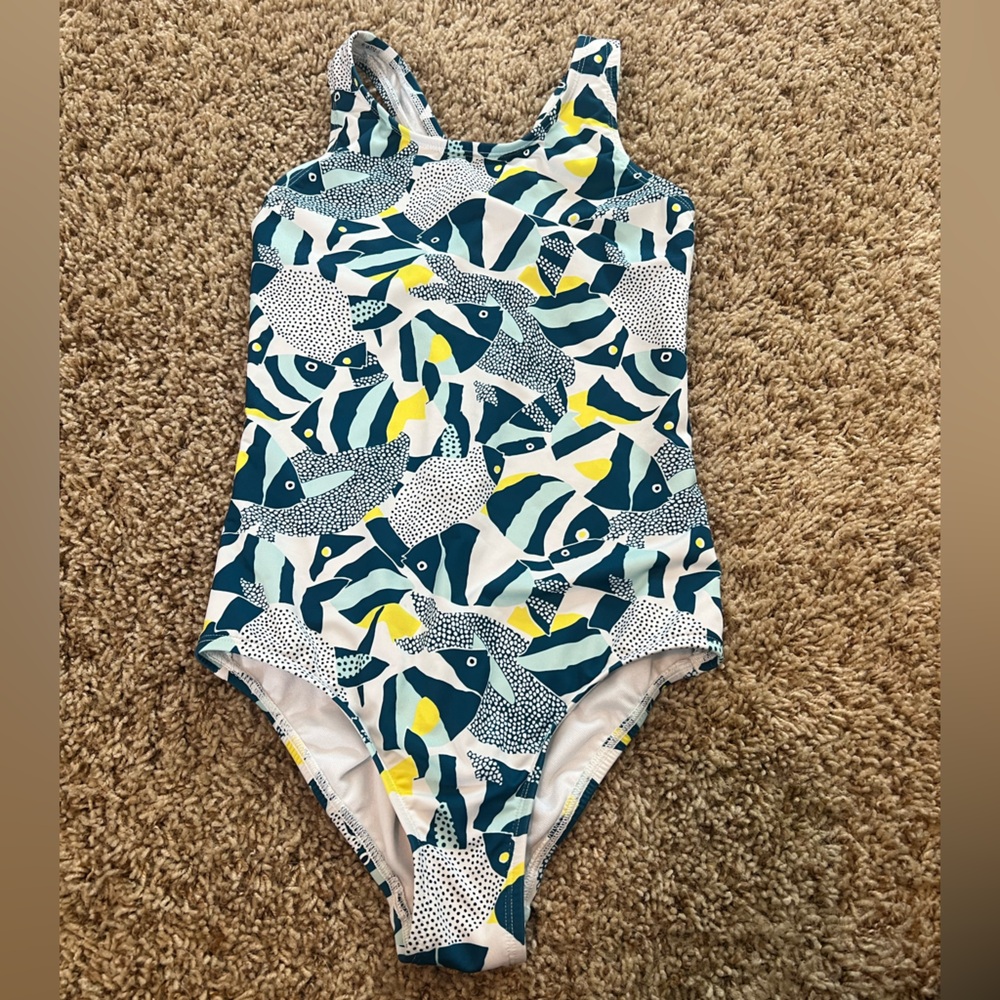Lands' End One-Piece Swimsuit - Blue and Yellow Fish Design